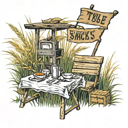 a table and chairs nestled among tall grass, with a banner above declaring "There will be snacks!"  tattoo design idea