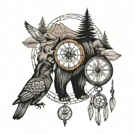 Heritage, arrowhead, elephant, wolf, daughter, crow, pocket watch, river, mountain, hummingbird, family, dream catcher tattoo design idea