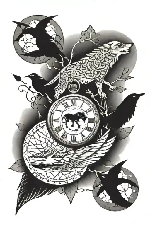 arrowhead, elephant, wolf, daughter, crow, pocket watch, river, mountain, family, dream catcher tattoo design idea