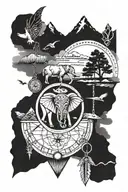 arrowhead, elephant, wolf, daughter, crow, pocket watch, river, mountain, family, dream catcher tattoo design idea