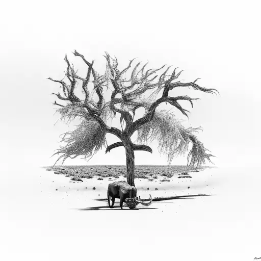 desert landscape with dry dead withering tree in forefront with dead bull skull below it  tattoo design idea