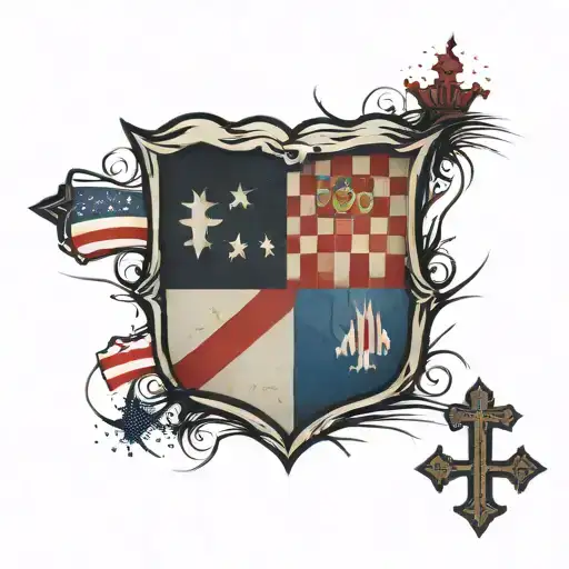 Croatia flag, USA flag, centered with a cross  tattoo design idea