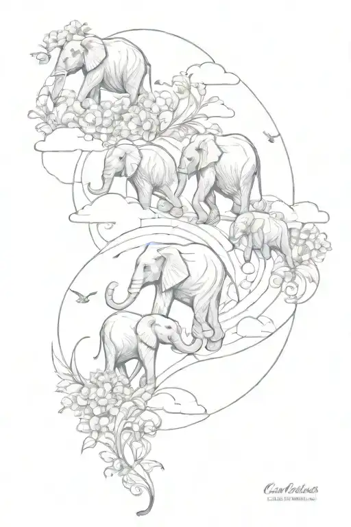 elephants walking, flowers, feathers, birth flowers, four kids, infinity symbols, beach, clouds, Sunshine tattoo design idea