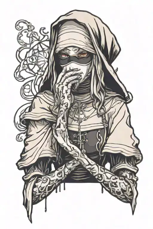 dark gothic looking nun shushing people with a blindfold tattoo design idea