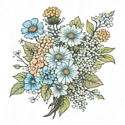 bouquet with dandelion, hydrangea, and baby's breath  tattoo design idea