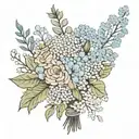 bouquet with dandelion, hydrangea, and baby's breath  tattoo design idea