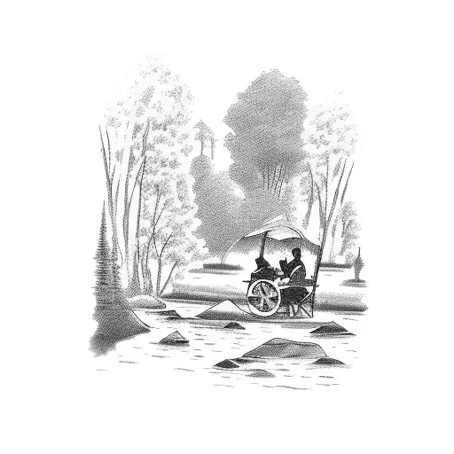 riverside view with one goat near the river. Two women are sitting down riverside and watching the view. Old bus also ne tattoo design idea