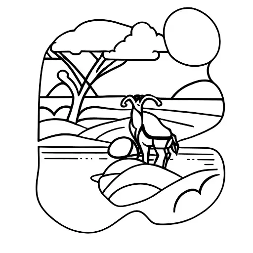 riverside view with one goat near the river. Two women are sitting down riverside and watching the view. Old bus also ne tattoo design idea