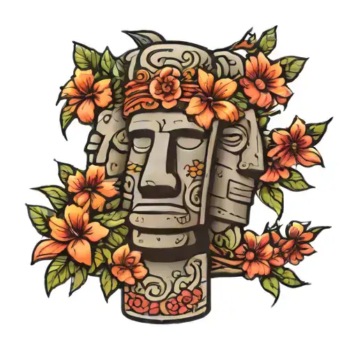 colorful moai statues with chiles national flower blooming tattoo design idea