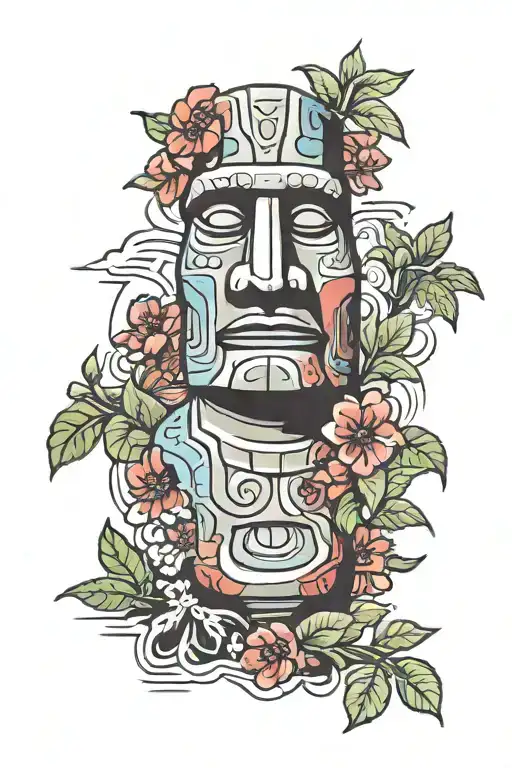 colorful moai statues with chiles national flower blooming tattoo design idea