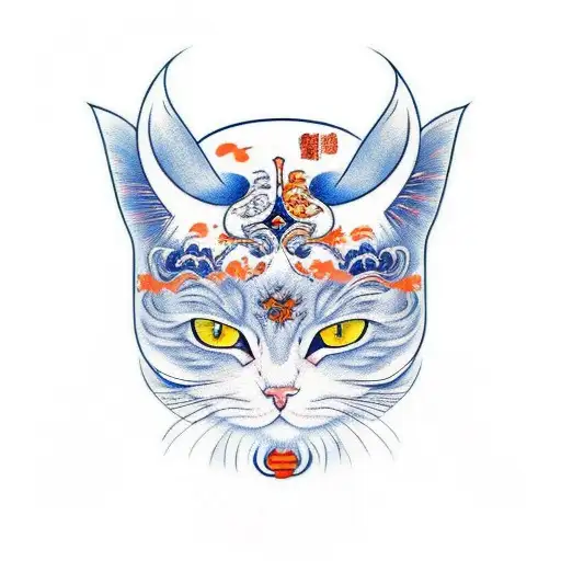 white and orange lucky cat with blue eyes tattoo design idea