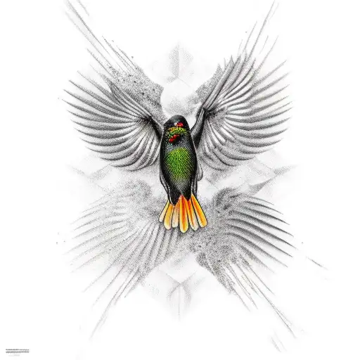 blackbirds in flight, emerging from the static, guitar, hand from sky tattoo design idea