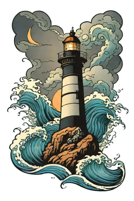 stormy sea with lighthouse transforming into a calm sea tattoo design idea