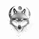 wolfs head above a moonlit forest with 3 cubs tattoo design idea