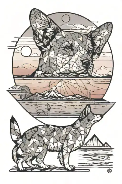corgi from behind on a beach looking to the sunset  tattoo design idea