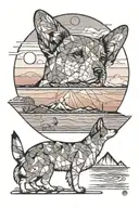 corgi from behind on a beach looking to the sunset  tattoo design idea