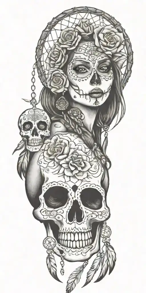 The Dream Catcher and la catrina tattoo design idea