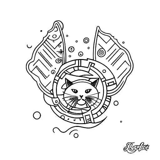 A minimalist tattoo of a black cat wearing a Taylor Swift t-shirt, holding a seashell to its ear as if listening to the ocean. tattoo design idea