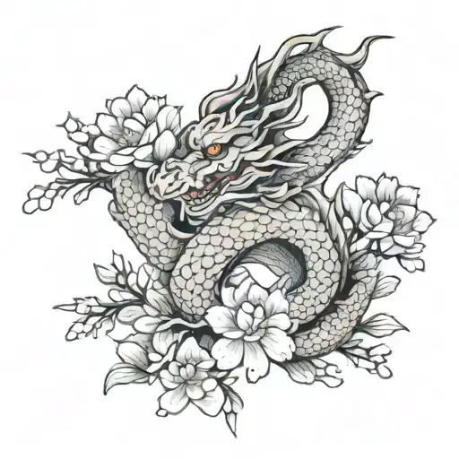 dragon with cherry blossoms and lotus flowers tattoo design idea