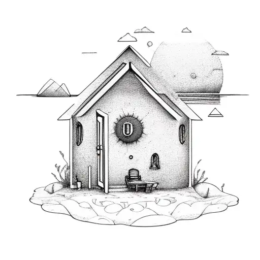 small house on the beach with sun tattoo design idea