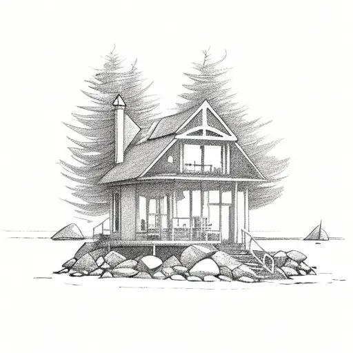 small beach house on the beach with sun tattoo design idea