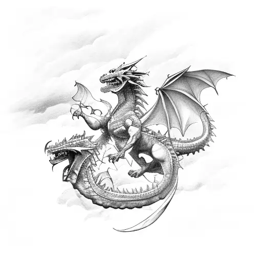 A majestic warrior riding a dragon through a stormy sky tattoo design idea