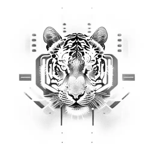 A futuristic cybernetic tiger with glowing blue eyes tattoo design idea