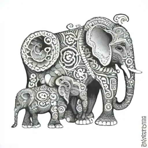 Design a tattoo of a family of elephants with mandala patterns on their backs, symbolizing strength, unity, and spirituality tattoo design idea