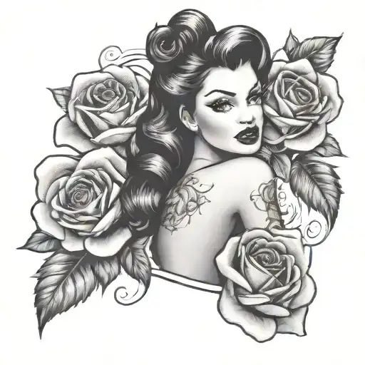 pin up girl roses wrapped arms around herself tattoo design idea