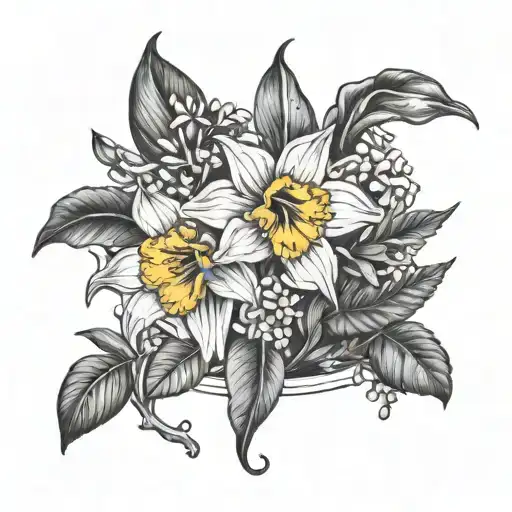 Black and white Stomach tattoo with daffodils, jonquils, hawthorn, and lily of the valley tattoo design idea