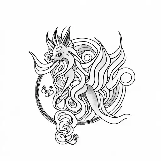A minimalist tattoo of Suicune in a fierce pose, surrounded by musical notes and film reels. tattoo design idea