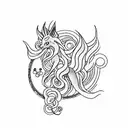 A minimalist tattoo of Suicune in a fierce pose, surrounded by musical notes and film reels. tattoo design idea