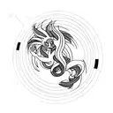 A minimalist tattoo of Suicune in a fierce pose, surrounded by musical notes and film reels. tattoo design idea