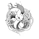 A minimalist tattoo of Suicune in a fierce pose, surrounded by musical notes and film reels. tattoo design idea
