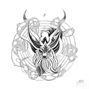 A minimalist tattoo of Suicune in a fierce pose, surrounded by musical notes and film reels. tattoo design idea