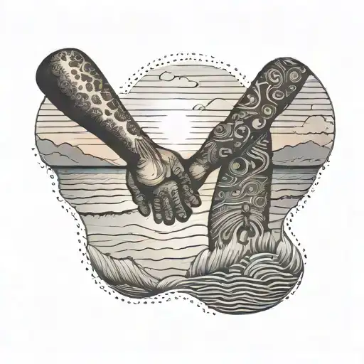 A father and son holding hands on a beach at sunset, symbolizing the bond between you and your son and your love for the ocean tattoo design idea