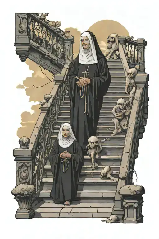 zombified nun watching over a family of 4 walk up a stair way to heaven  tattoo design idea