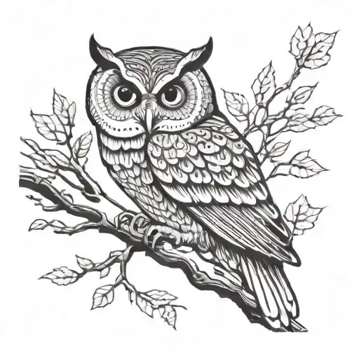a thin owl half sideways on a branch in black and white silkscreen style tattoo design idea