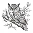 a thin owl half sideways on a branch in black and white silkscreen style tattoo design idea