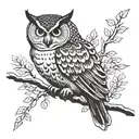 a thin owl half sideways on a branch in black and white silkscreen style tattoo design idea