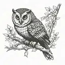 a thin owl half sideways on a branch in black and white silkscreen style tattoo design idea