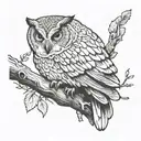 a thin owl half sideways on a branch in black and white silkscreen style tattoo design idea