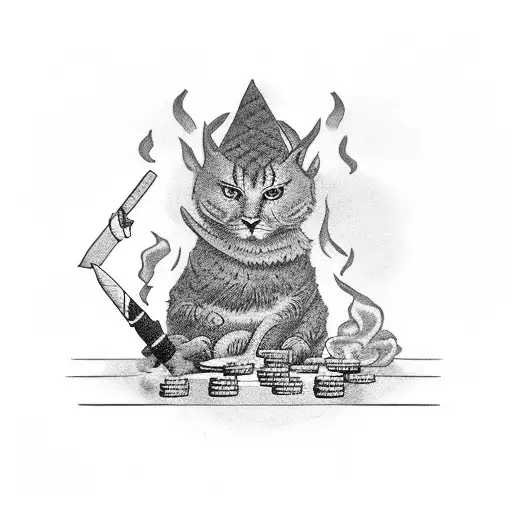 A black-grey tattoo of a student sitting on a pile of money, smoking a joint tattoo design idea