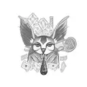 A black-grey tattoo of a student sitting on a pile of money, smoking a joint tattoo design idea