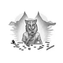 A black-grey tattoo of a student sitting on a pile of money, smoking a joint tattoo design idea