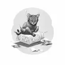 A black-grey tattoo of a student sitting on a pile of money, smoking a joint tattoo design idea