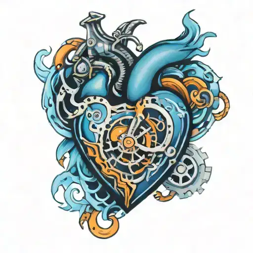 mechanical heart blue fire tattoo design idea