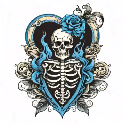 skeleton heart blue fire tattoo design idea