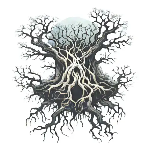 tall tree where the roots are evil tattoo design idea