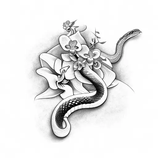 snake with Aster flowers and orchids tattoo design idea